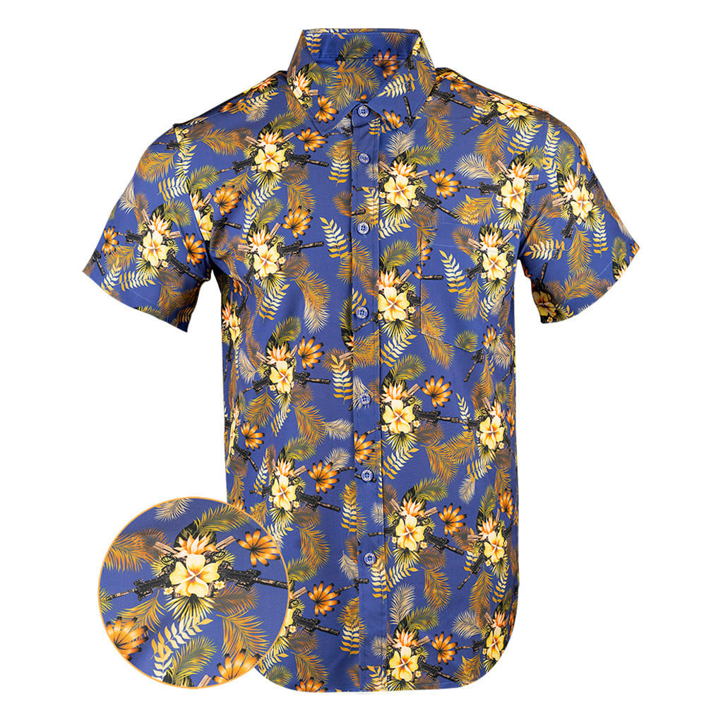 Tropics Blue Gold Button Down Shirt Tactical Aloha Print Shirt Pro Gun Merch Gifts For Dudes -WearandDecor