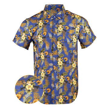 Tropics Blue Gold Button Down Shirt Tactical Aloha Print Shirt Pro Gun Merch Gifts For Dudes -WearandDecor