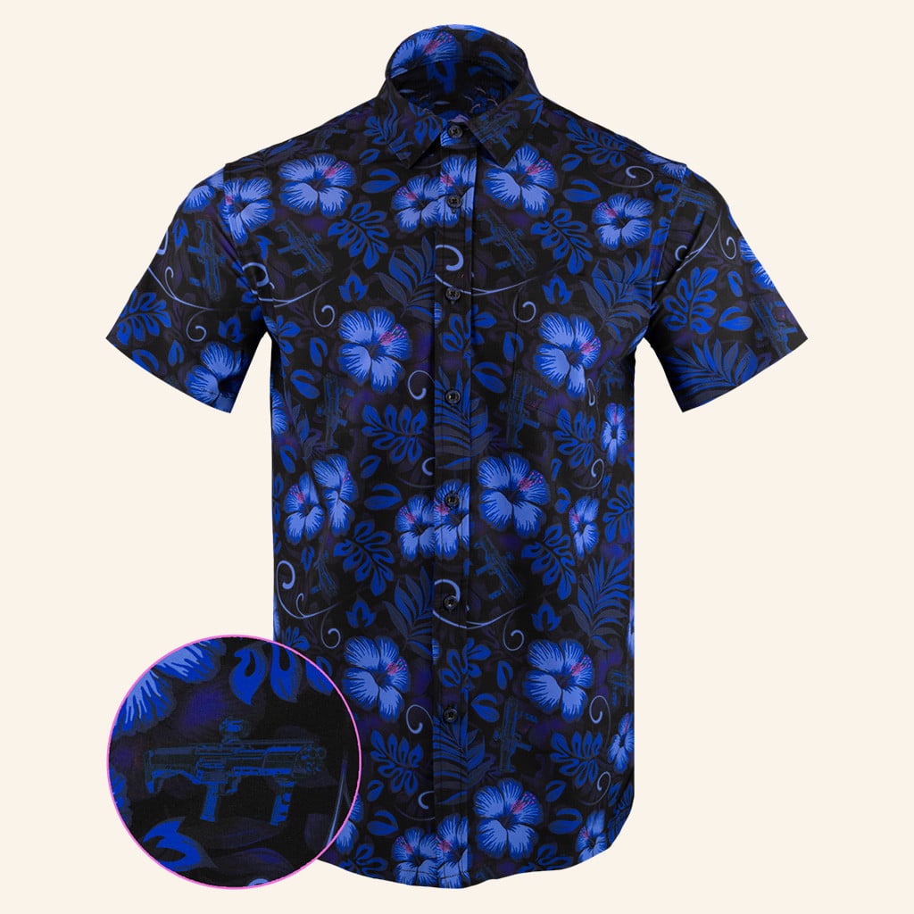 Shotgun Safari Blue Button Down Shirt Tactical Aloha Print Shirt Xmas Gifts For Husband -WearandDecor