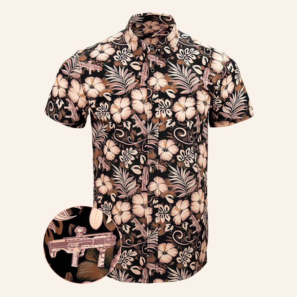 Shotgun Safari Tan Button Down Shirt Tactical Aloha Print Shirt Best Gifts For Son -WearandDecor