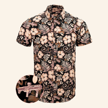 Shotgun Safari Tan Button Down Shirt Tactical Aloha Print Shirt Best Gifts For Son -WearandDecor