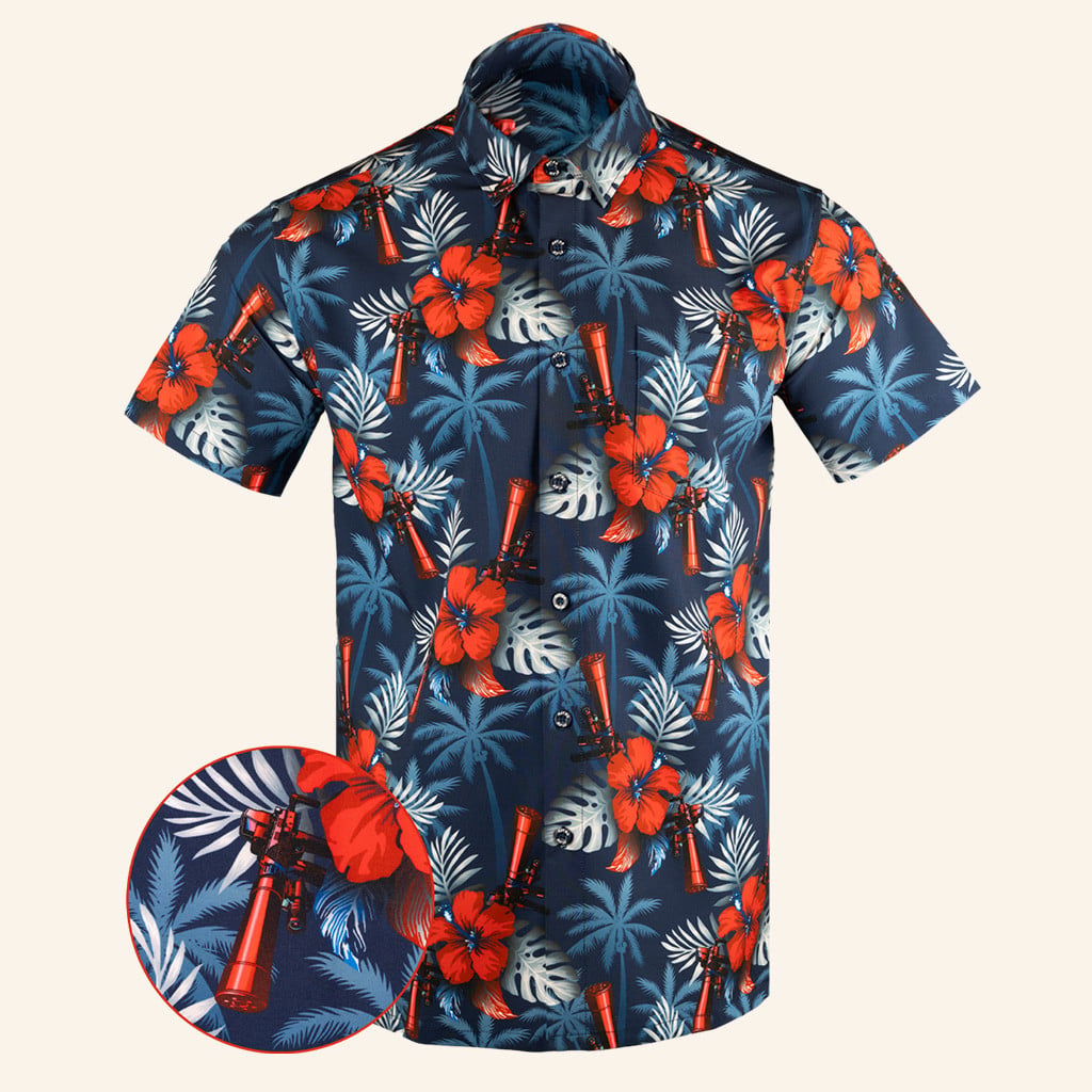 Suppressed Blue Button Down Shirt Tactical Tropical Print Shirt Gift Ideas For Father -WearandDecor