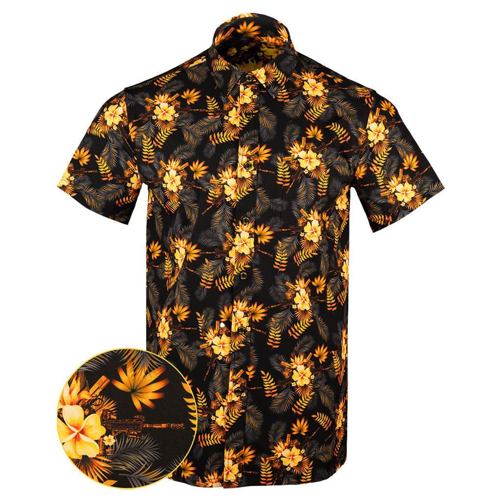 Tropics Black Gold Button Down Shirt Tactical Aloha Print Shirt Pro Gun Merch Gifts For Husband -WearandDecor