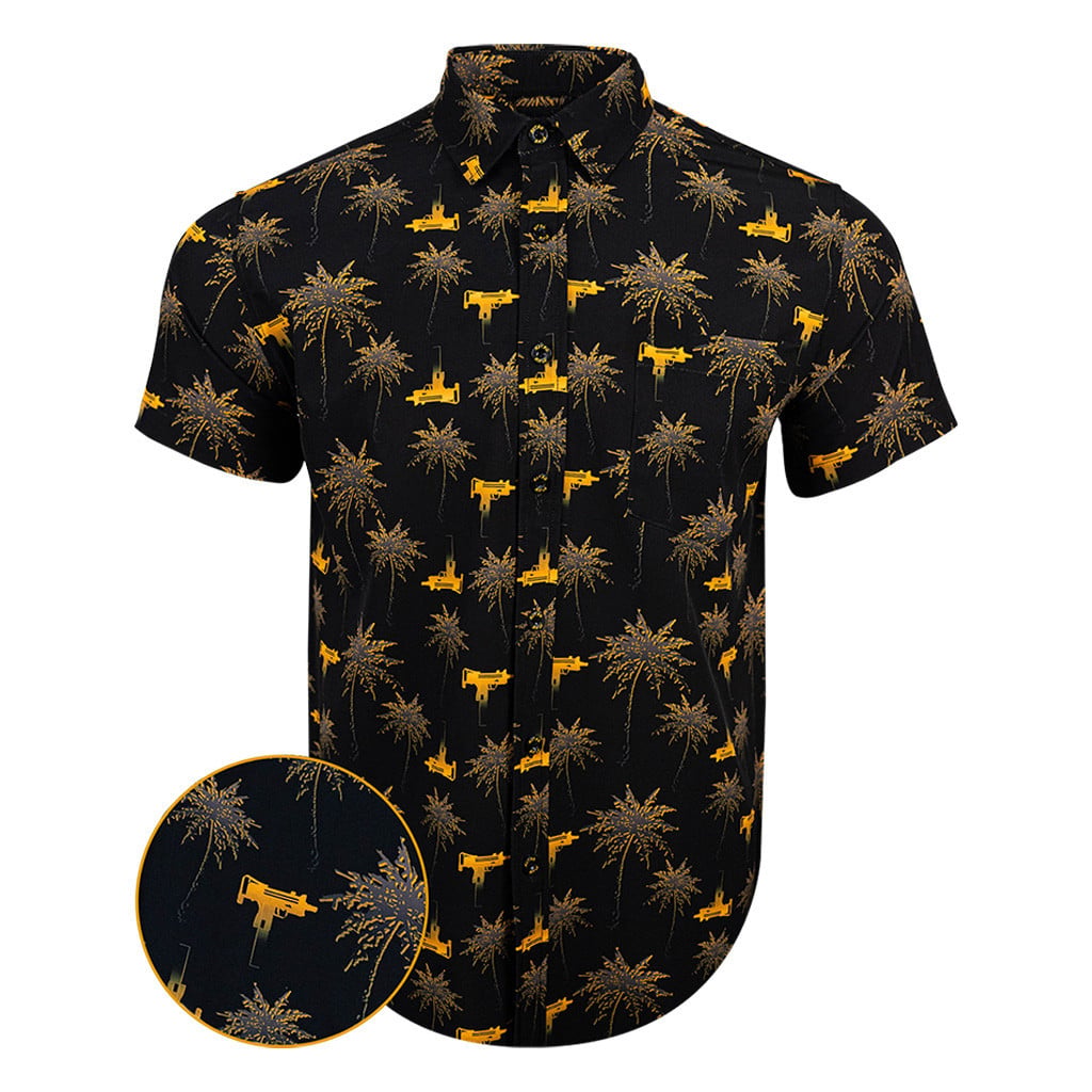 Trigger Happy Black Gold Button Down Shirt Outdoor Hawaiian Tactical Shirt Gun Lovers Gifts -WearandDecor