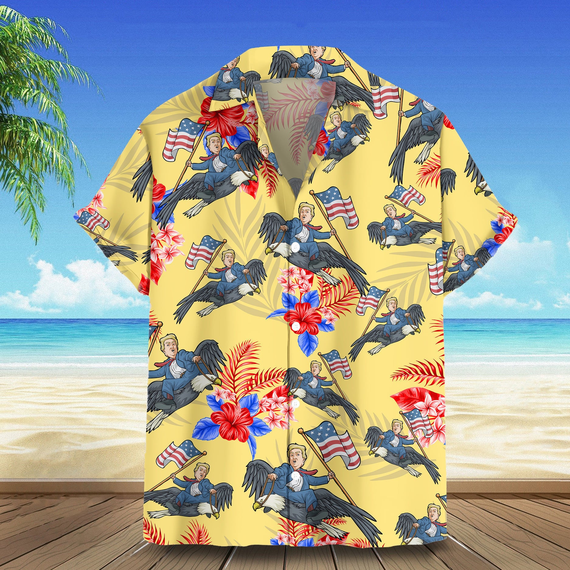 Trump Riding Eagle Hawaiian Shirt Funny Donald Trump Button Up Summer Gifts For Father
