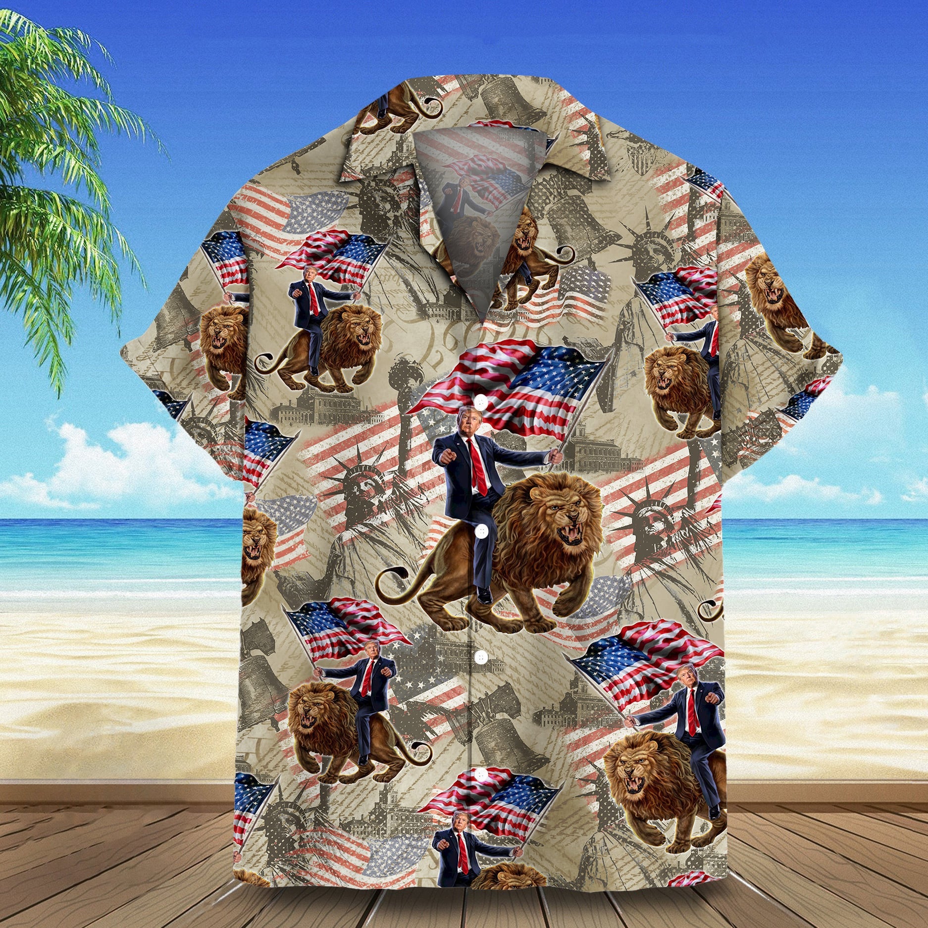 Trump Riding Lion Hawaiian Shirt Trump For President 47 Patriotic Button Up Shirt Gift_