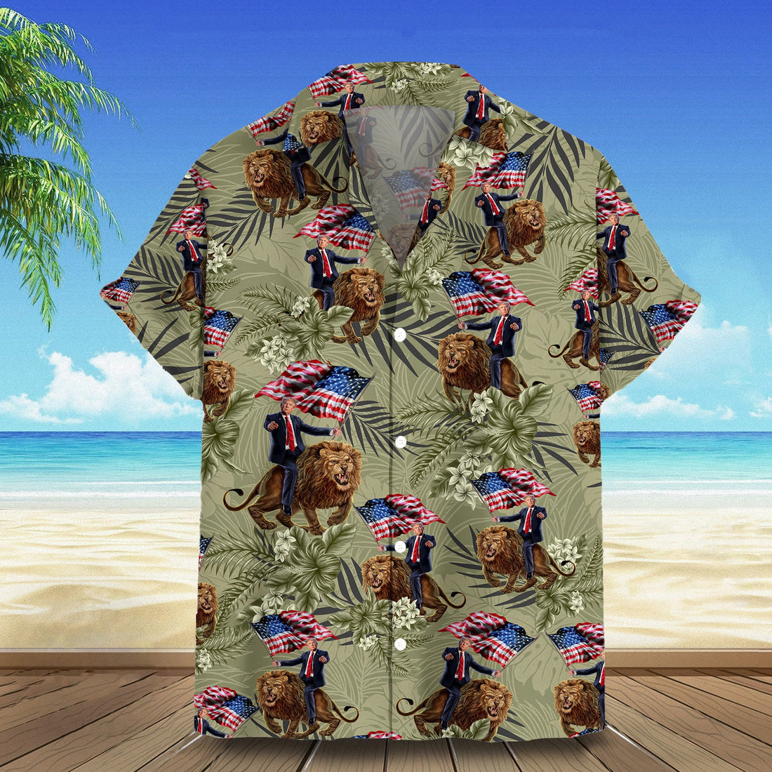 Trump 2024 Hawaiian Shirt Trump Riding Lion Hawaiian Button Up Shirt Gifts For MAGA Supporters