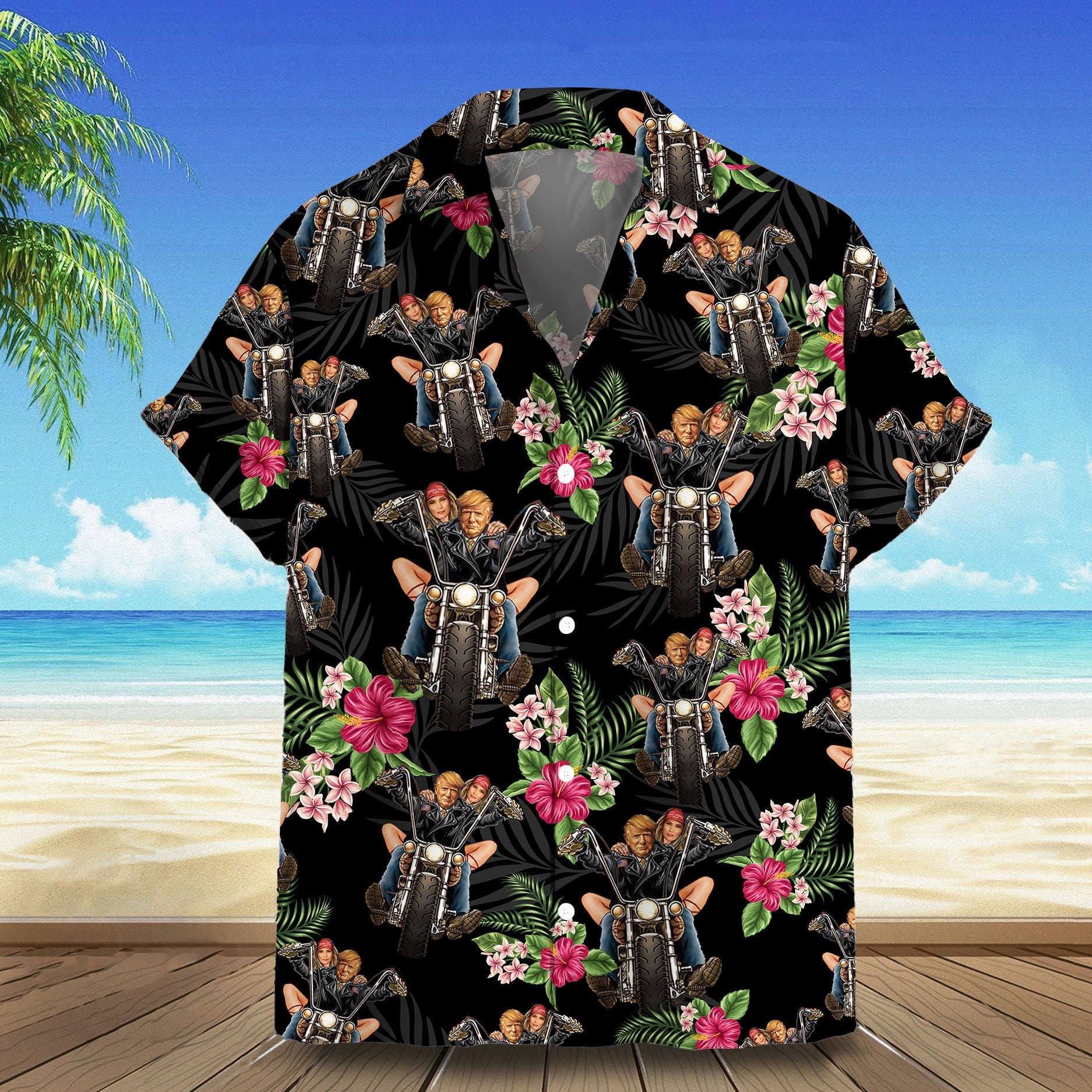Trump Riding Motorcycle Hawaiian Shirt Donald Trump 2024 Tropical Shirt Gifts For Men