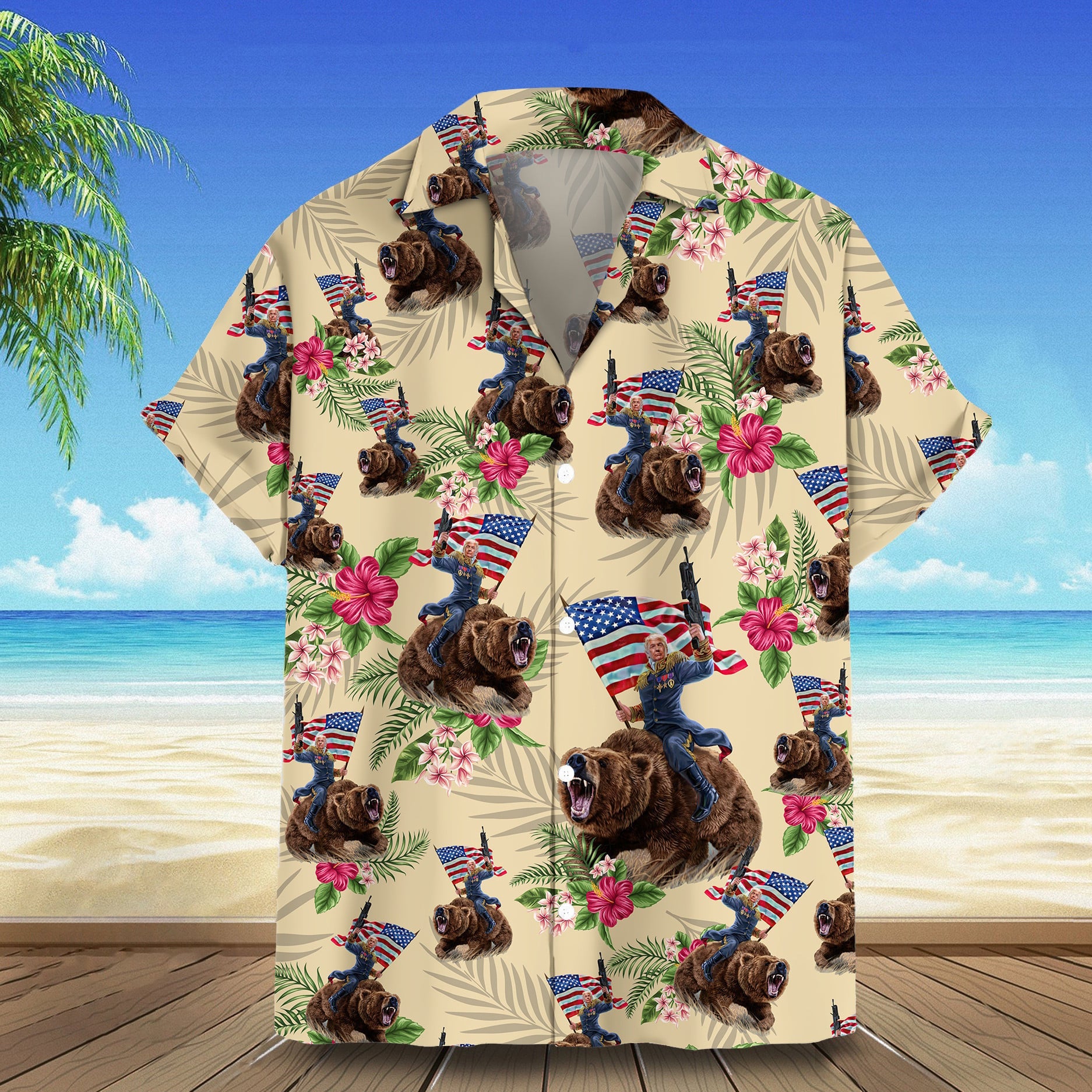 Trump 2024 Hawaiian Shirt Trump Riding Bear Patriotic Button Up Shirt Gifts For MAGA Supporters