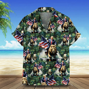 Trump Riding Lion Hawaiian Shirt Pro Trump 2024 Short Sleeve Button Up Summer Gift