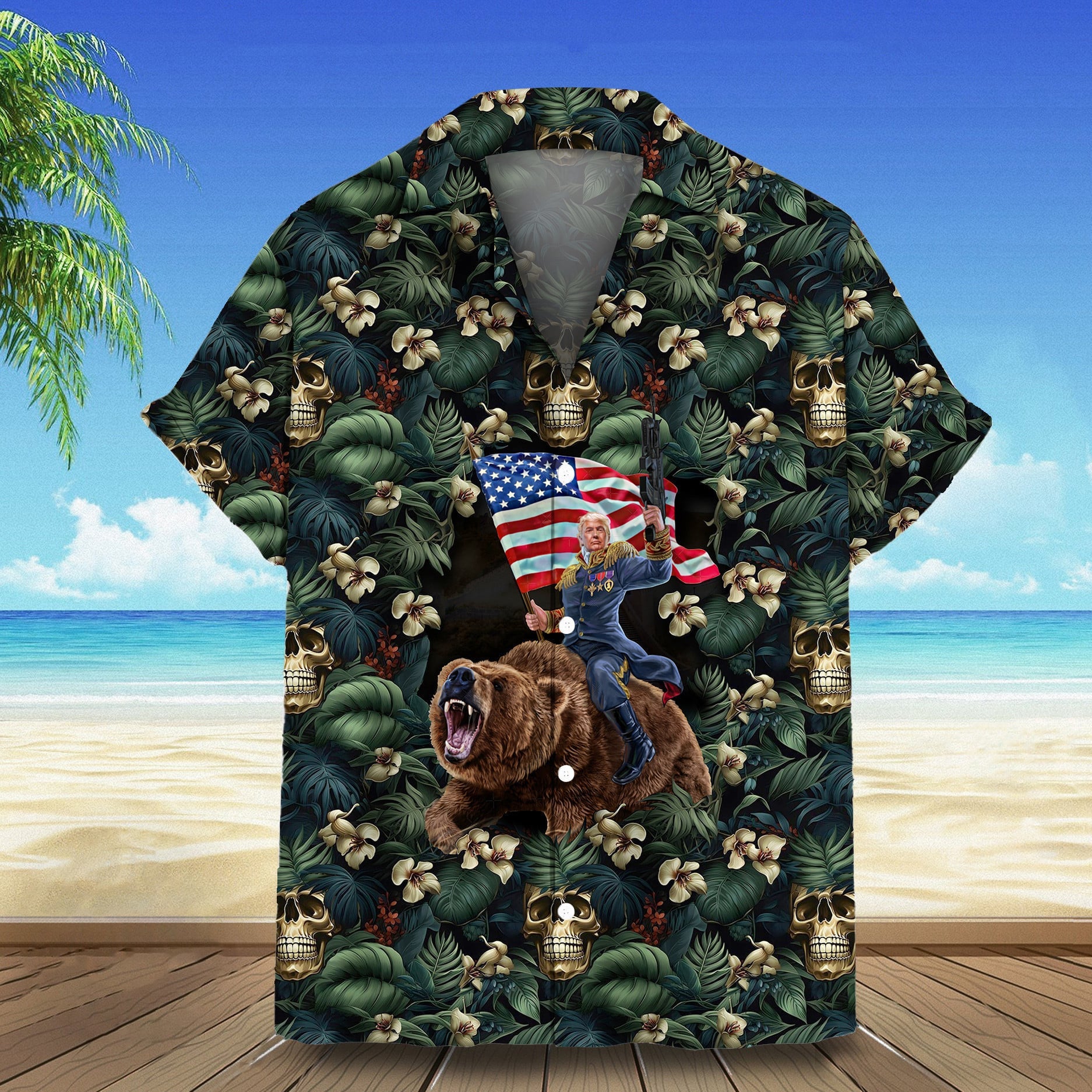Trump Riding Bear Hawaiian Shirt Trump For President 47 Aloha Pattern Skull Shirt Summer Gift