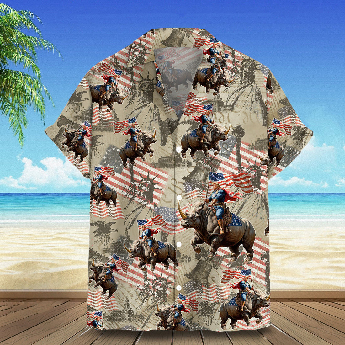 Trump Riding Rhino Hawaiian Shirt Trump Campaign Hawaiian Button Shirt Gifts For Voters