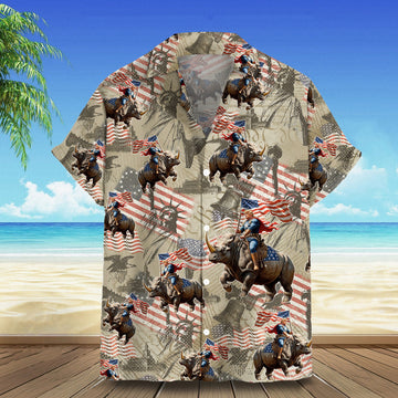Trump Riding Rhino Hawaiian Shirt Trump Campaign Hawaiian Button Shirt Gifts For Voters