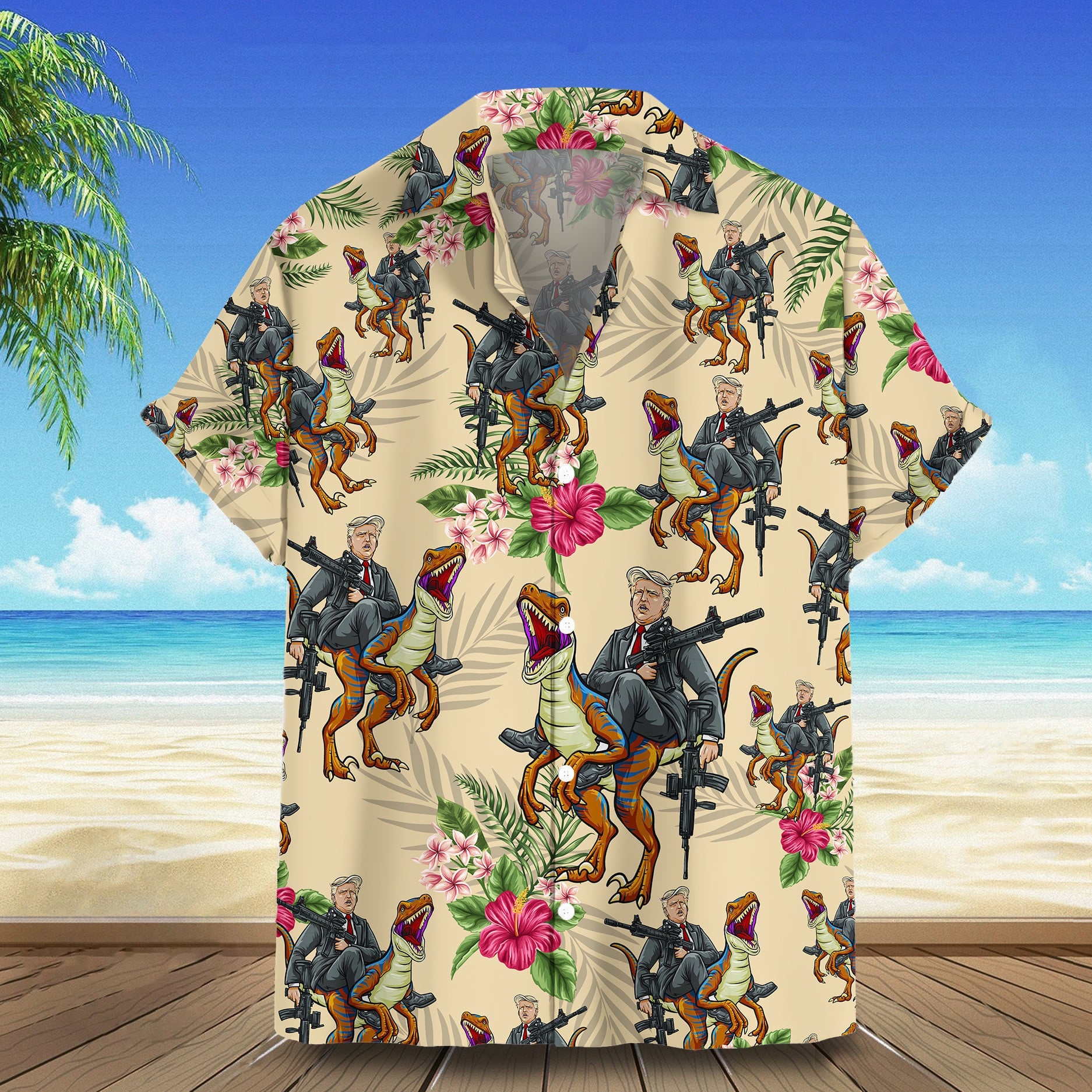 Donald Trump 2024 Hawaiian Shirt Trump Riding Dinosaur Summer Short Sleeve Button Up Shirts