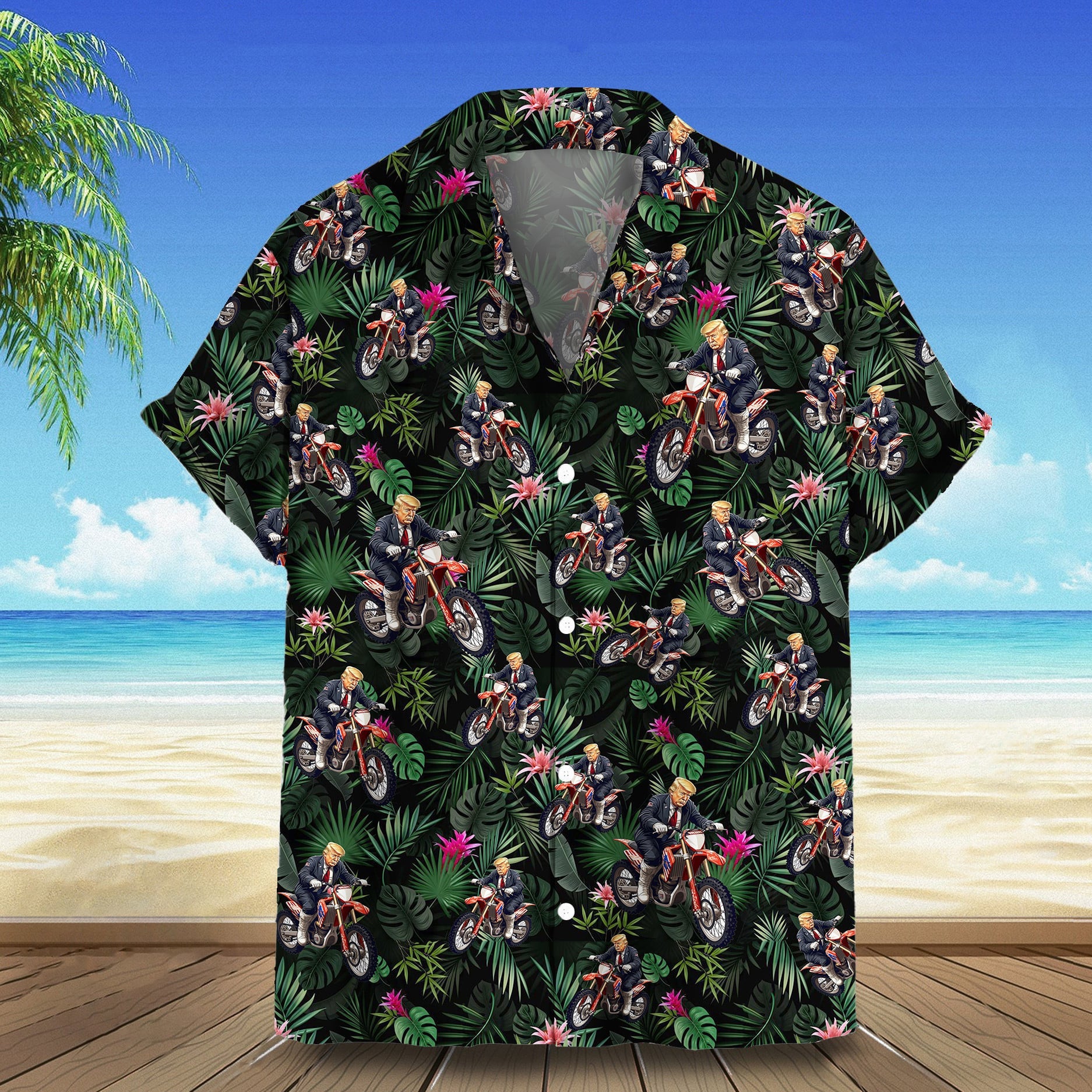 Trump Biking Hawaiian Shirt Tropical Button Down Shirt Gifts For Trump Supporters