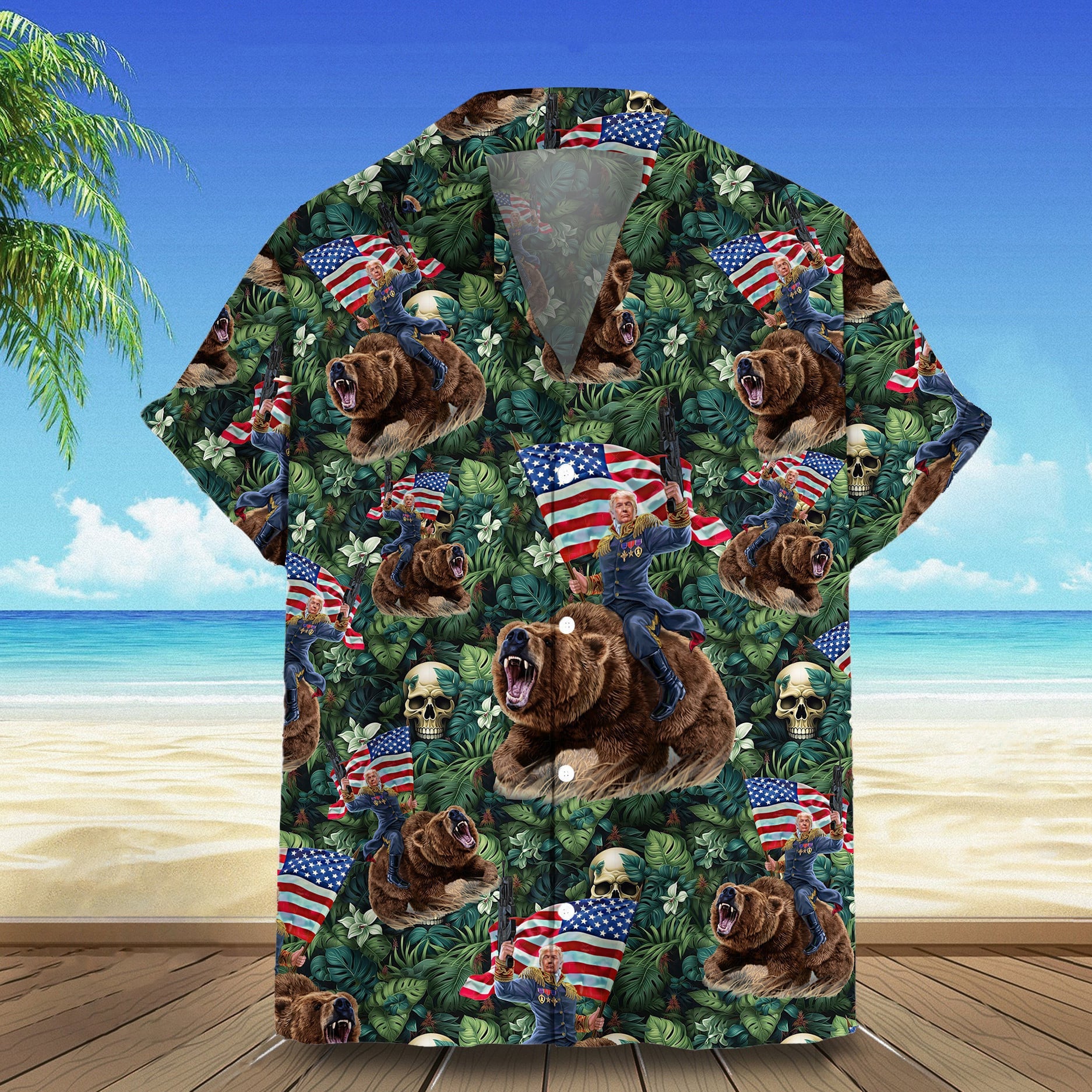 Trump 2024 Hawaiian Shirt Trump Riding Bear Tropical Button Up Shirt Gifts For Husband