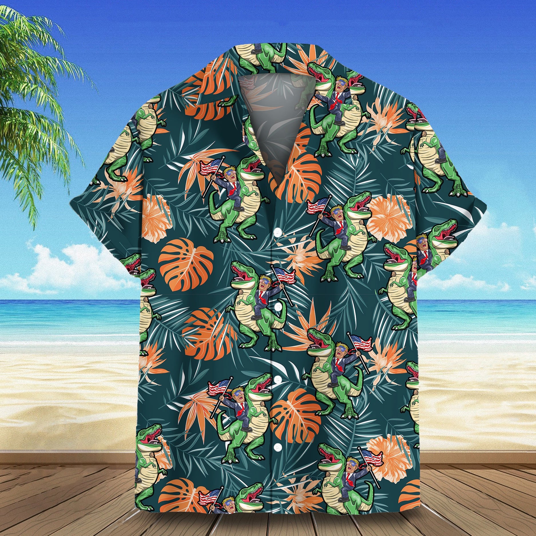 Trump Riding Dinosaur Hawaiian Shirt Trump Campaign Aloha Pattern Shirt Gift For Son