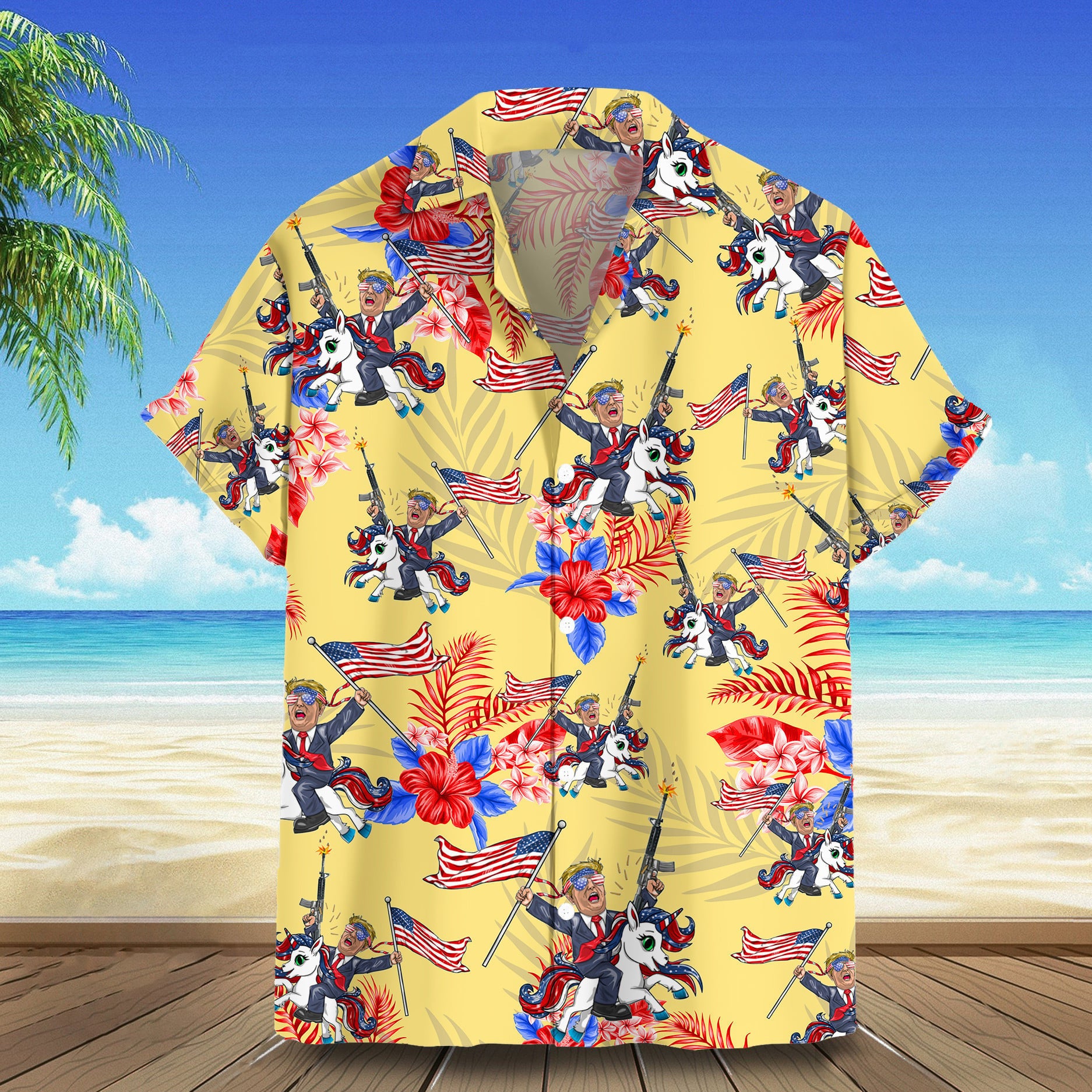 Trump Riding Unicorn Hawaiian Shirt Support For Trump Summer Button Up Patriotic Gifts For Dad