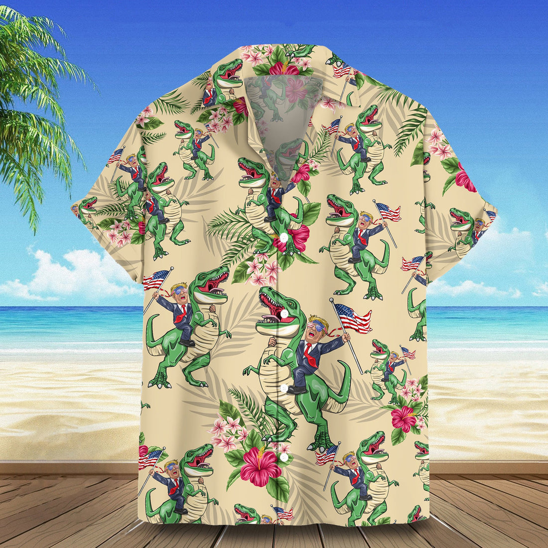 Trump Riding Dinosaur Hawaiian Shirt Summer Button Up Shirt Gifts For Trump Supporters
