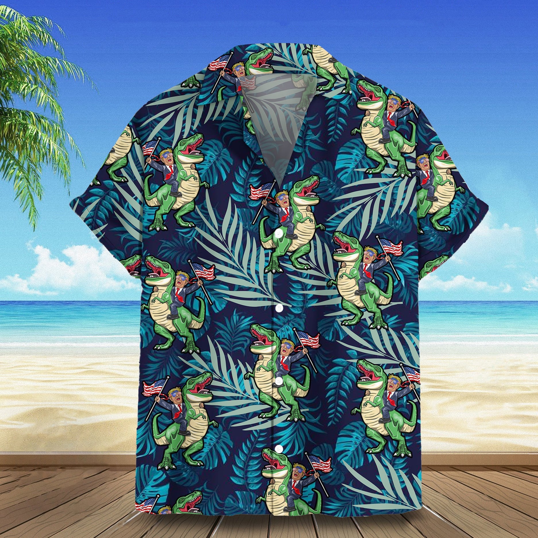 Trump And Dinosaur Hawaiian Shirt Funny Donald Trump Patriotic Button Up Shirt Gift For Him