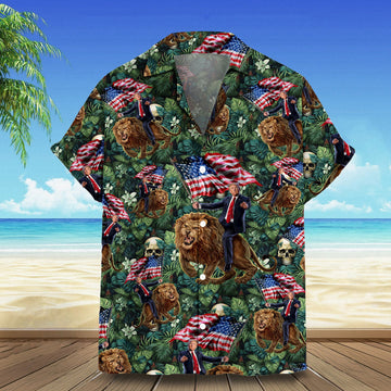 Trump Riding Lion Hawaiian Shirt Funny Donald Trump Tropical Shirt Gifts For Supporters