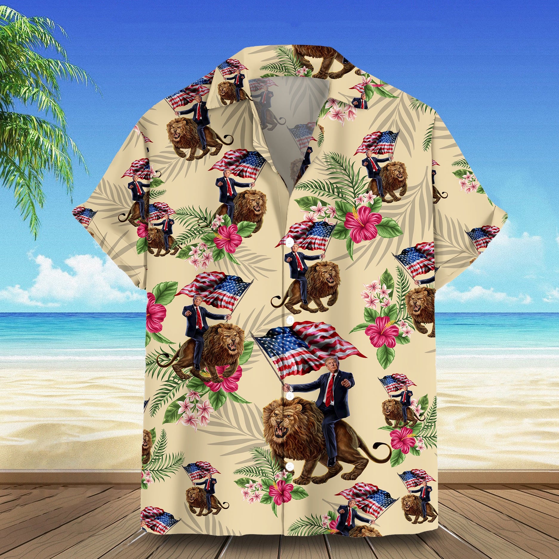 Trump Riding Lion Hawaiian Shirt Support For Donald Trump Mens Tropical Shirt Gifts For Voters