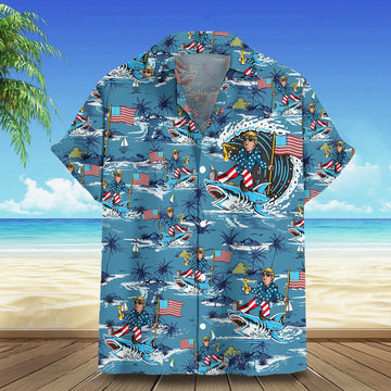 Trump Riding Shark Hawaiian Shirt Pro Trump Mens Tropical Button Down Shirts Gift For Dad