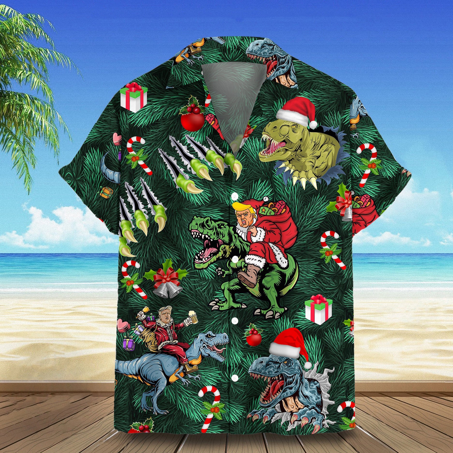 Santa Trump Riding Dinosaur Hawaiian Shirt Pro Trump Merry Christmas Shirt Gifts For Republican