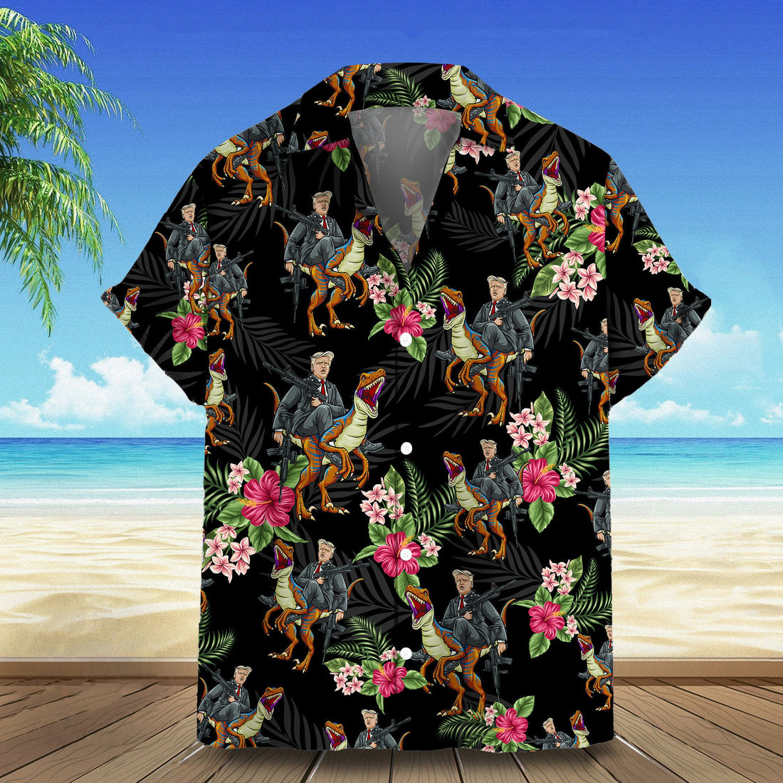 Trump 2024 Hawaiian Shirt Trump Riding Dinosaur Summer Button Ups Gift For Patriots