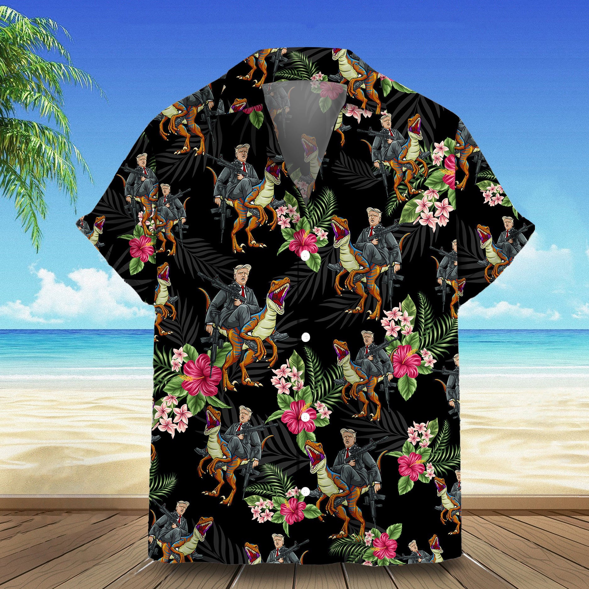 Trump 2024 Hawaiian Shirt Trump Riding Dinosaur Summer Button Ups Gift For Patriots
