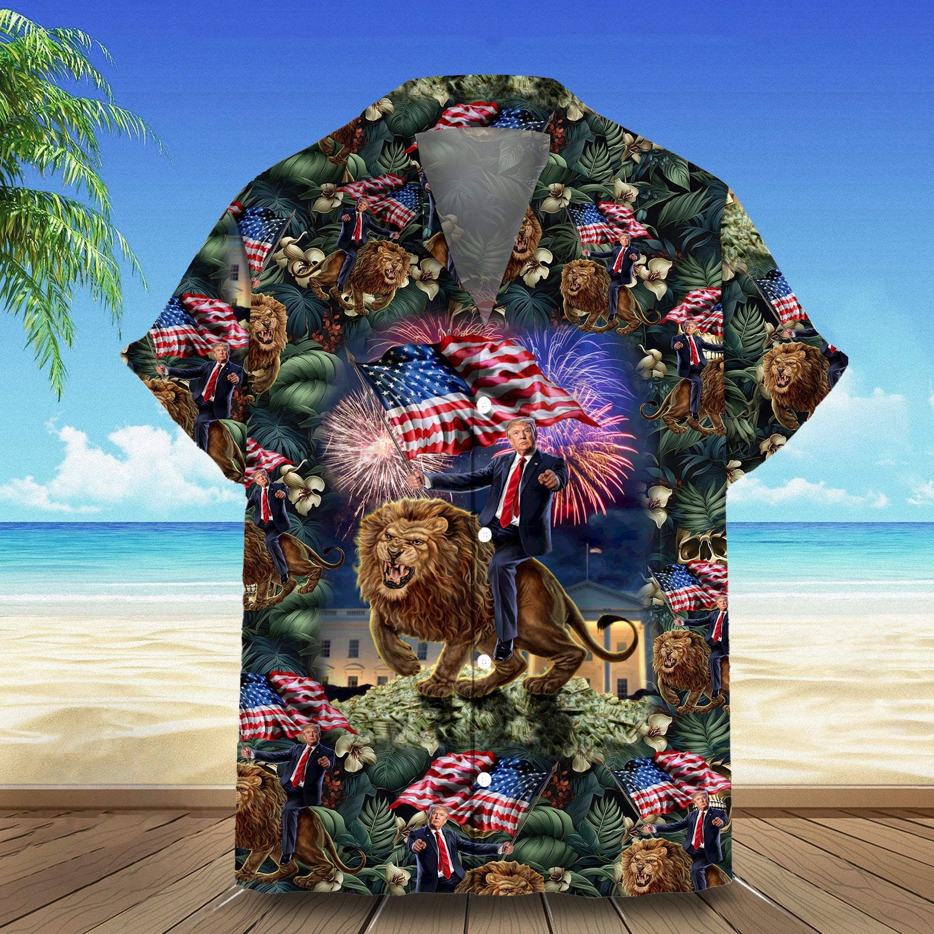 Trump Riding Lion Hawaiian Shirt Men Summer Button Ups Gifts For Trump Lovers