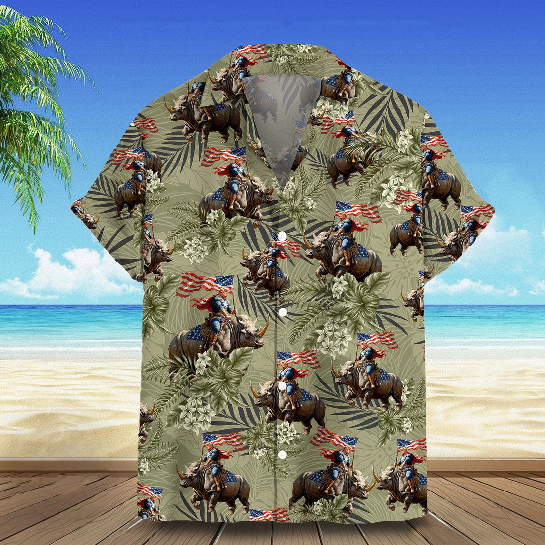 Trump Riding Rhino Hawaiian Shirt Donald Trump Campaign Tropical Button Shirt Gift For Dad