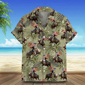 Trump Riding Rhino Hawaiian Shirt Donald Trump Campaign Tropical Button Shirt Gift For Dad