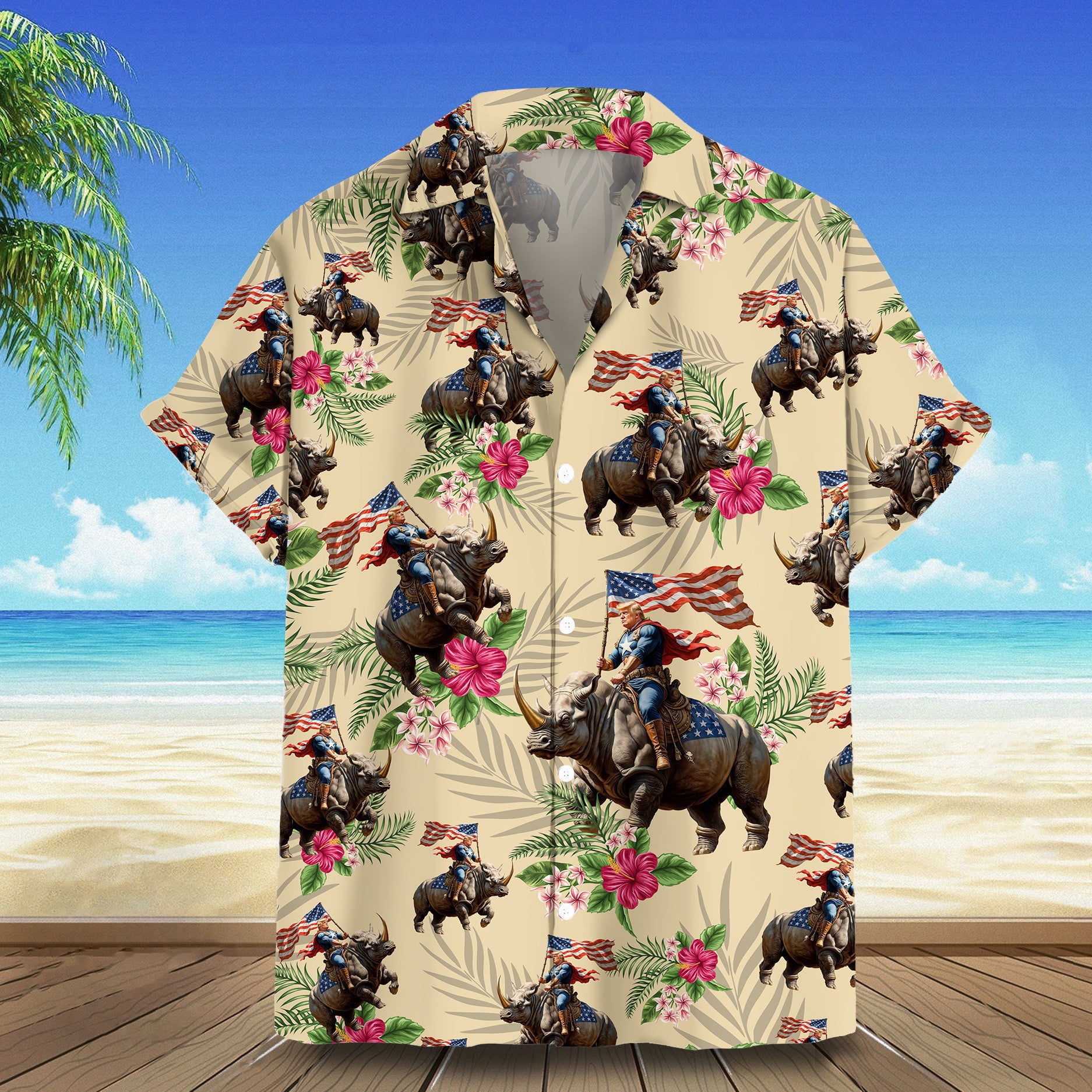 Trump Riding Rhino Hawaiian Shirt Support For Trump Mens Button Down Summer Shirts