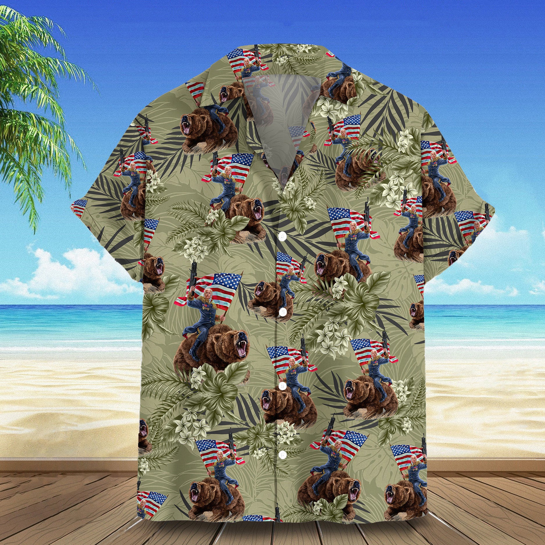 Trump Riding Bear Hawaiian Shirt Trump Campaign Tropical Button Down Shirt Gift For Republican