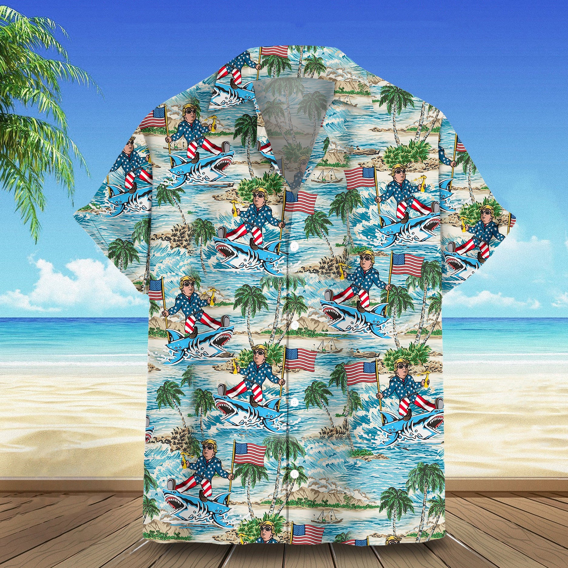 Trump Riding Shark Hawaiian Shirt Donald Trump Campaign Button Up Tropical Shirt Gift For Him