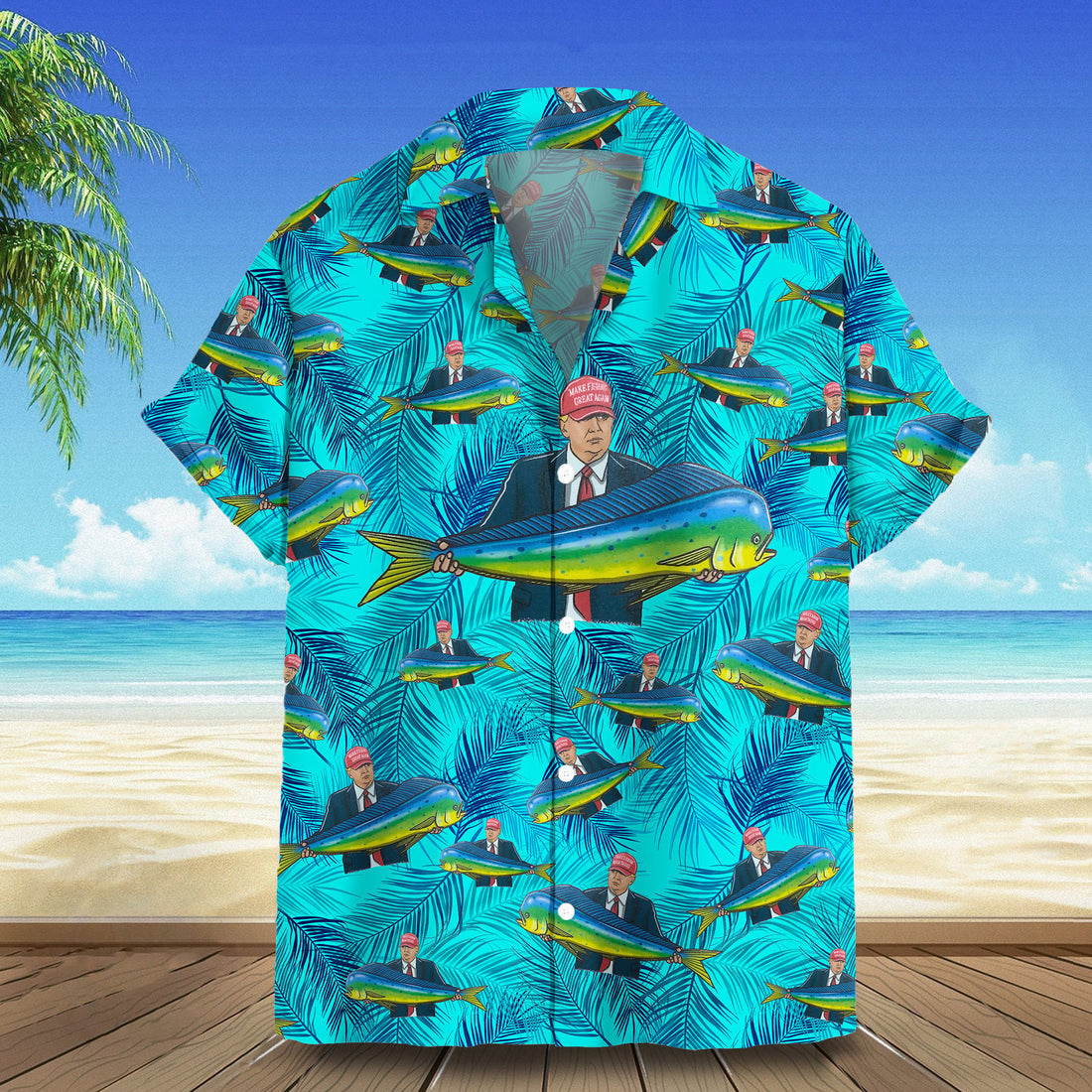 Trump With Fish Hawaiian Shirt Make America Great Again Trump 2024 Tropical Shirt Gifts For Dad