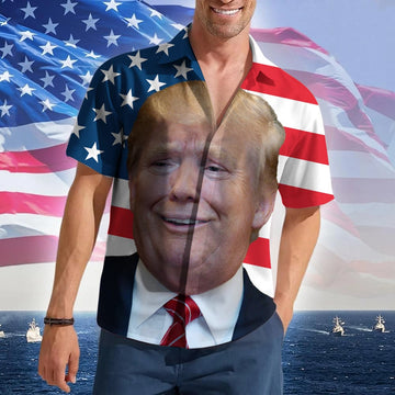 Custom Face Trump 2024 Hawaiian Shirt American Flag Support Trump For President 2024 Button Up Shirt Mens