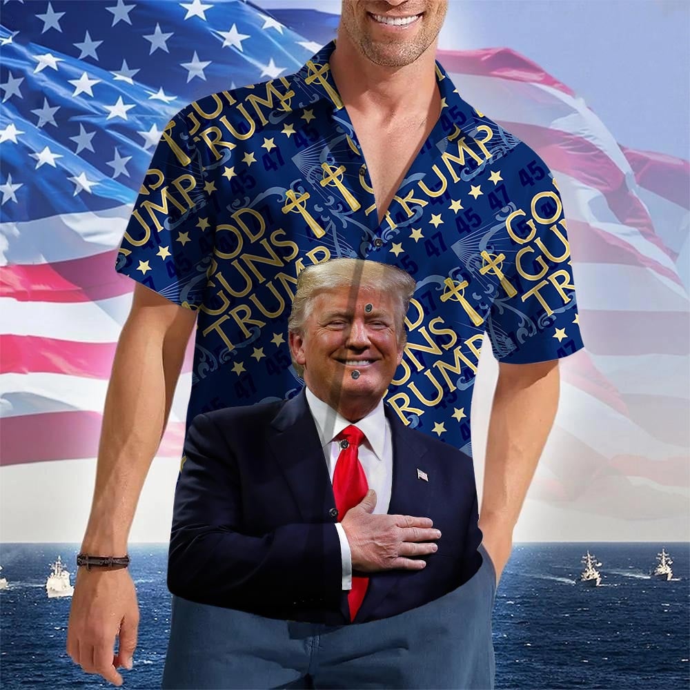 God Guns Trump Hawaiian Shirt Trump 2024 Merch Patriotic Button Up Shirt Gifts For Gun Lovers