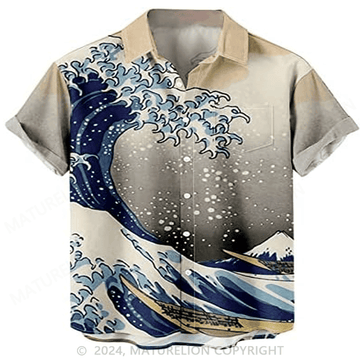 Beach Wind Harajuku Anime Wave Pattern Hawaiian Shirt Sarcastic Graphic Tee for Men – Funny Quo