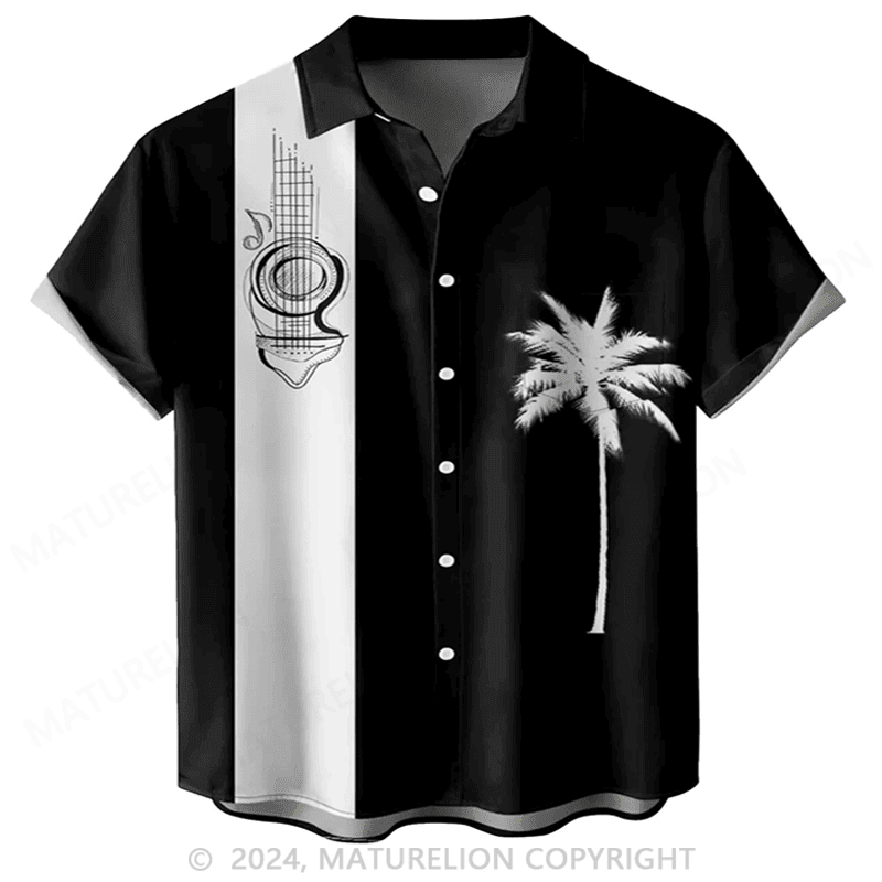 Vintage Color Block Coconut Tree Print Button Down Hawaiian Shirt Funny Graphic Tee for Men – W