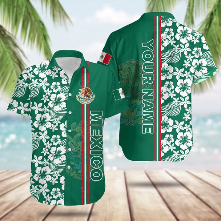 Custom Mexico Coat Of Arms Hibiscus Pattern Hawaiian Shirt Beach Button Up Gifts For Mexican