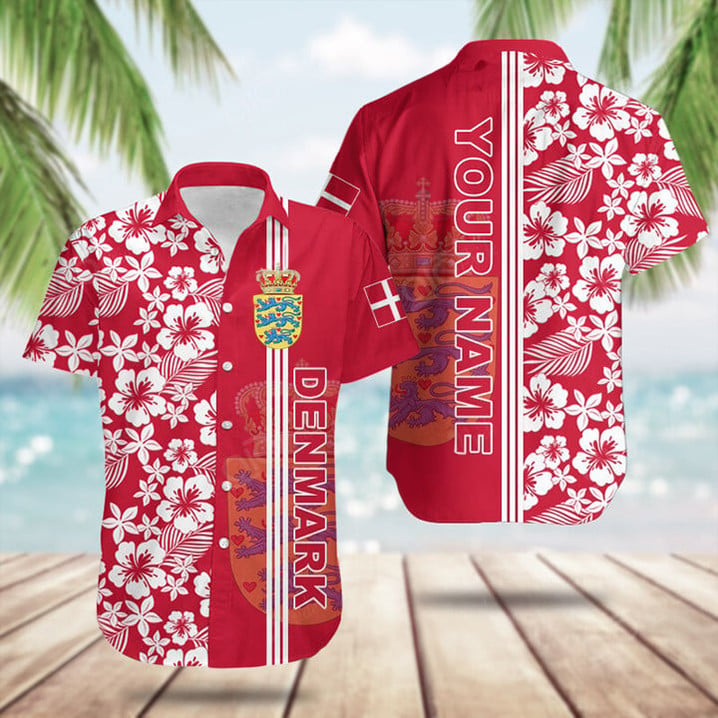 Custom Denmark Coat Of Arms Hibiscus Pattern Hawaiian Shirt Gifts For Someone In Denmark