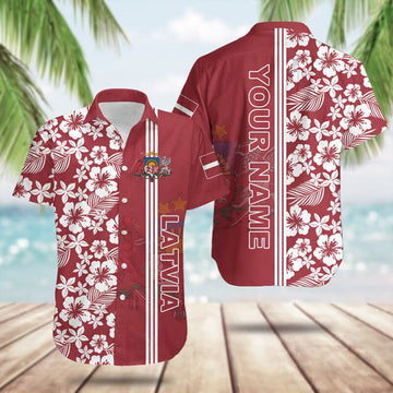 Custom Latvia Coat Of Arms Hibiscus Pattern Hawaiian Shirt Summer Button Up Gifts For Latvian