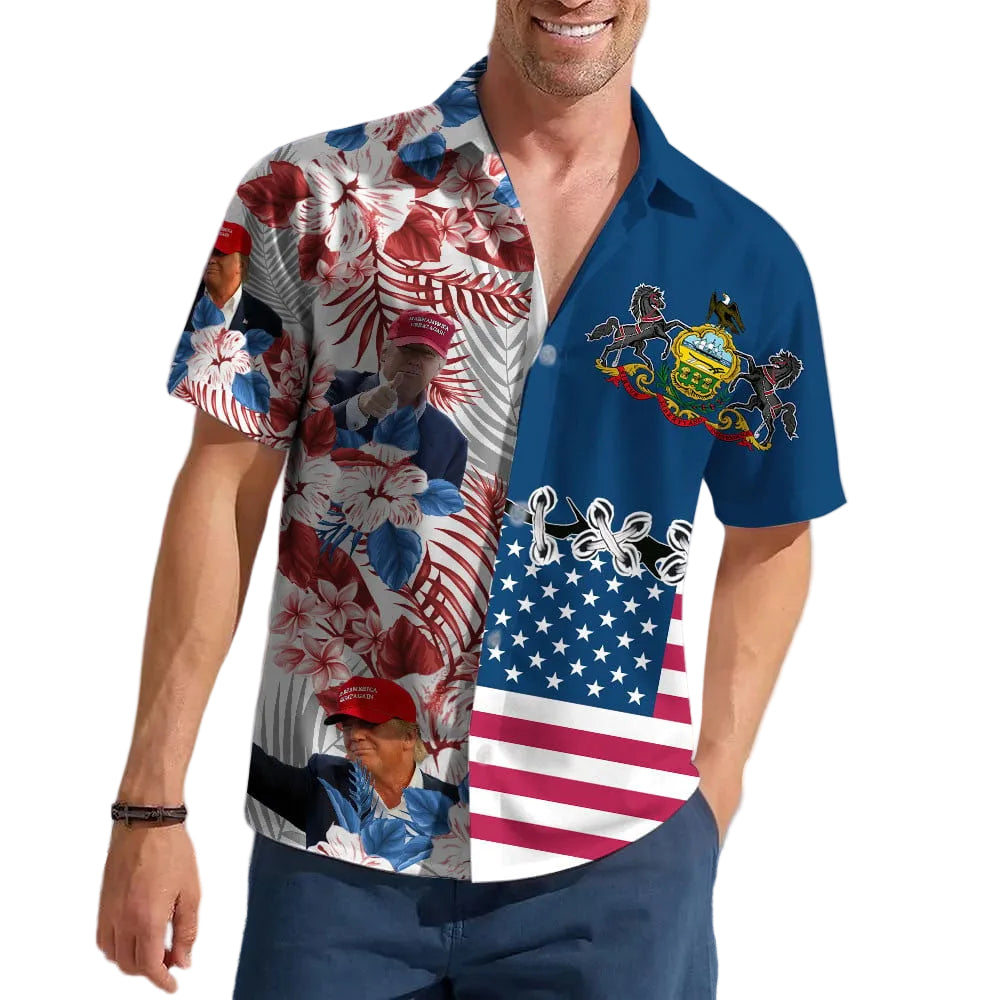 Pennsylvania For Trump 2024 Hawaiian Shirt MAGA Merch Pro Trump Summer Button Up Shirts For Men