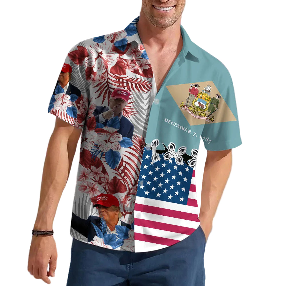 Delaware For Trump 2024 Hawaiian Shirt MAGA Donald Trump Mens Tropical Shirts Gifts For Summer