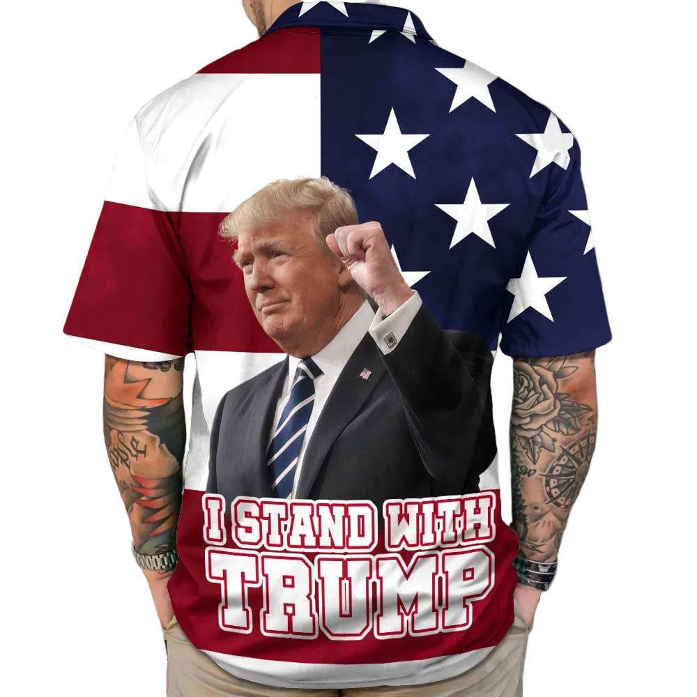 I Stand With Trump Hawaiian Shirt American Flag Trump For President 2024 Patriotic Button Up