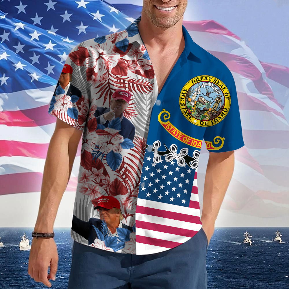Idaho For Trump 2024 Hawaiian Shirt MAGA Donald Trump Hawaiian Button Up Shirt Summer Gifts