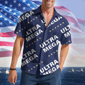 Ultra MEGA Hawaiian Shirt Trump 2024 Merch Patriotic Button Up Shirt Gifts For Republicans