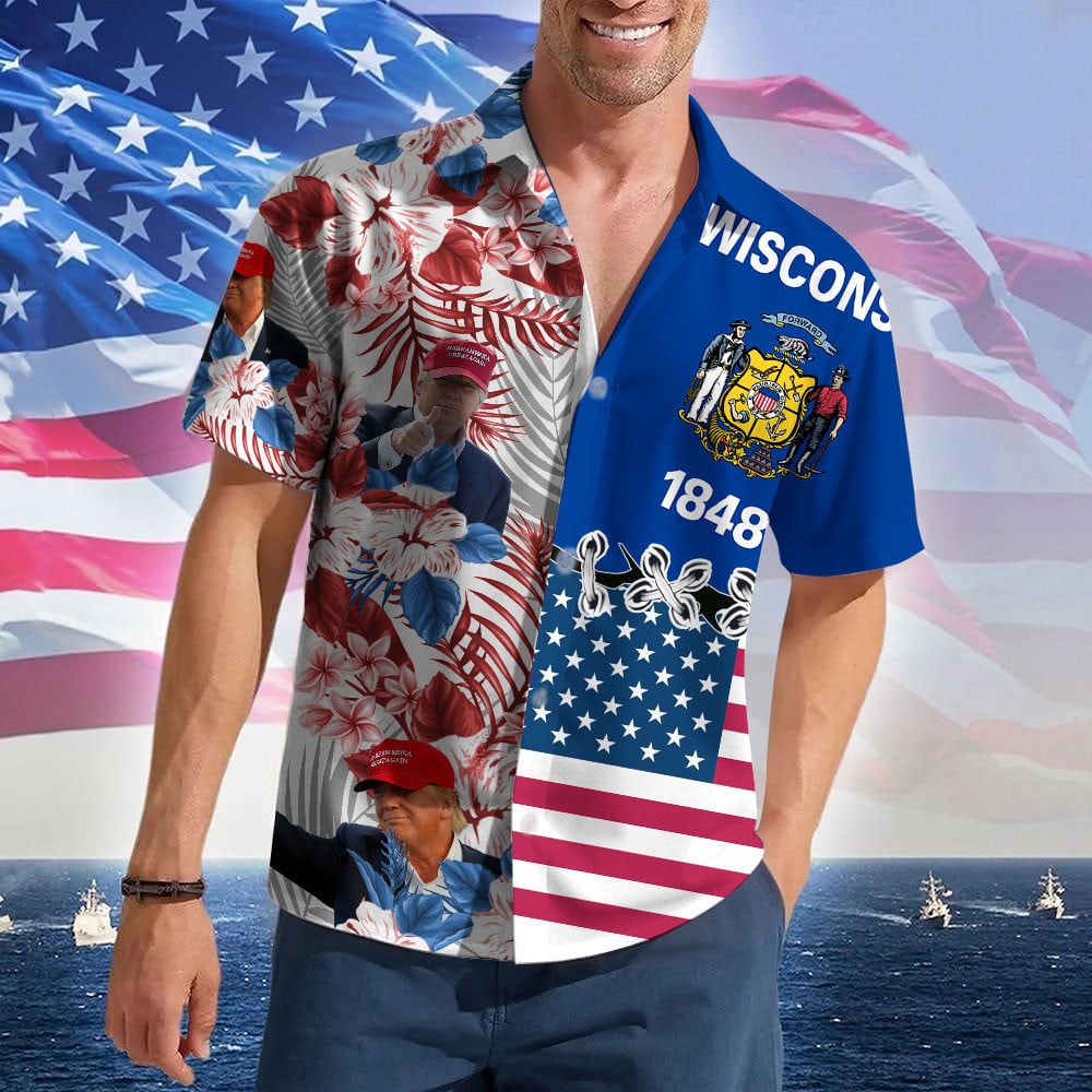 Wisconsin For Trump 2024 Hawaiian Shirt MAGA Merch Free Trump Mens Tropical Shirts Summer Gifts